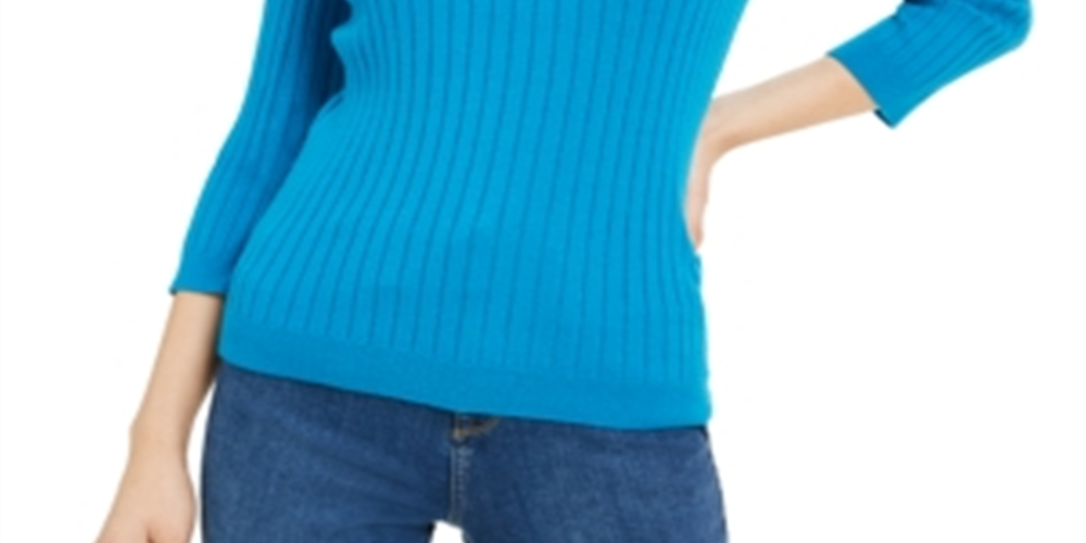 Suéter feminino Maison Jules com gola redonda canelada, azul, tamanho X-S