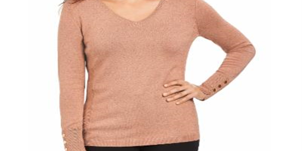 Suéter feminino com decote em V metálico, rosa, tamanho médio, da coleção JM