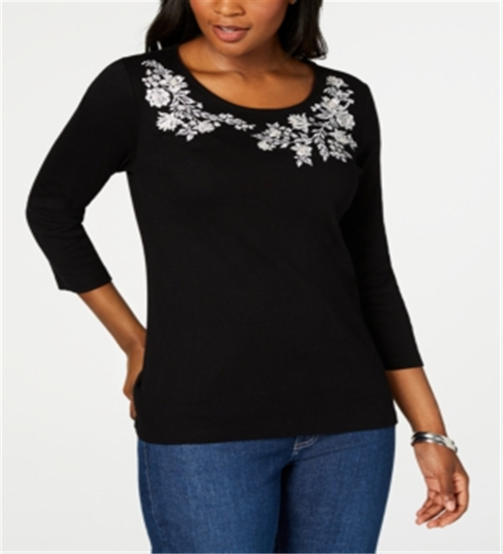 Camiseta feminina Karen Scott com estampa floral e gola redonda, preta, tamanho pequeno