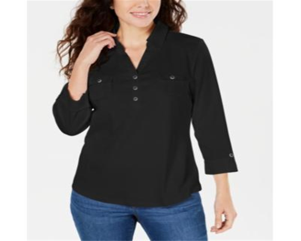 Camisa polo feminina Karen Scott manga 3/4 preta tamanho pequeno P