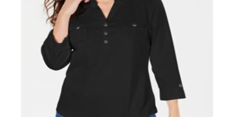 Camisa polo feminina Karen Scott manga 3/4 preta tamanho pequeno P