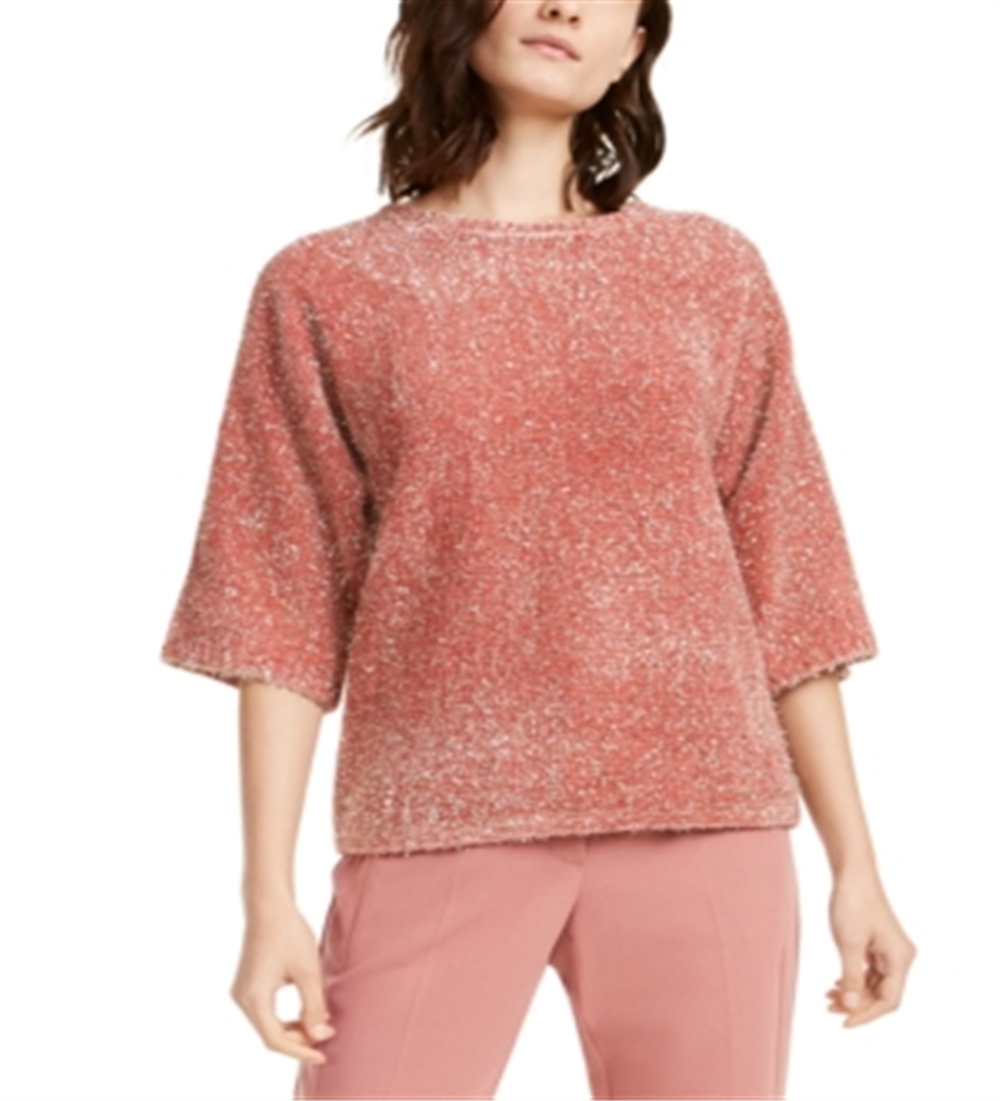 Alfani Suéter feminino coral com cílios metálicos e manga 3/4, gola redonda, rosa, tamanho pequeno