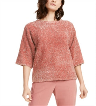 Alfani Suéter feminino coral com cílios metálicos e manga 3/4, gola redonda, rosa, tamanho pequeno
