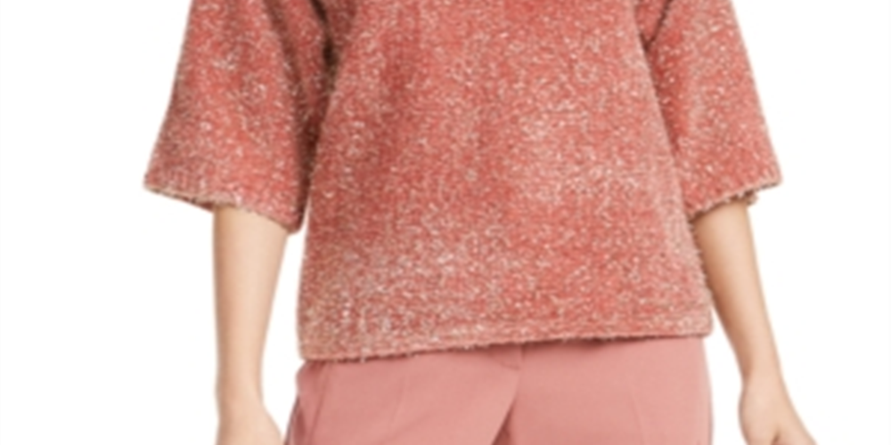 Alfani Suéter feminino coral com cílios metálicos e manga 3/4, gola redonda, rosa, tamanho pequeno