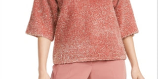 Alfani Suéter feminino coral com cílios metálicos e manga 3/4, gola redonda, rosa, tamanho pequeno