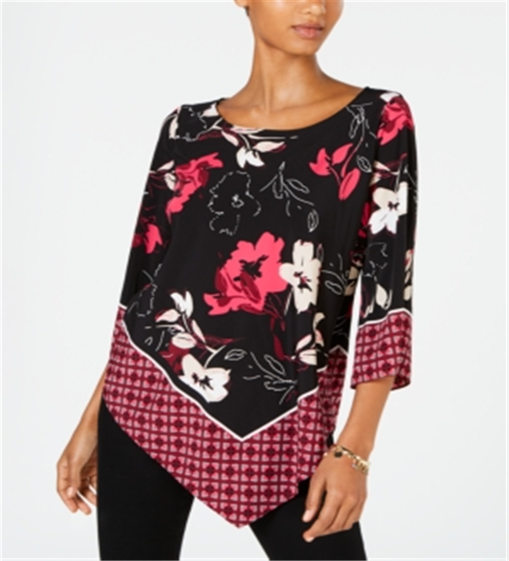 Blusa feminina Alfani com bainha em V e borda remendada, preta, tamanho pequeno G