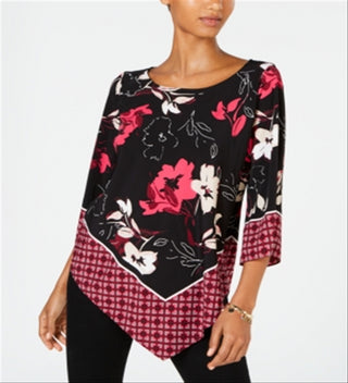 Blusa feminina Alfani com bainha em V e borda remendada, preta, tamanho pequeno G