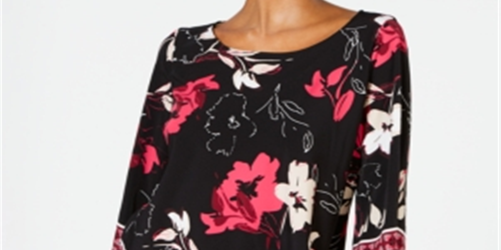 Blusa feminina Alfani com bainha em V e borda remendada, preta, tamanho pequeno G