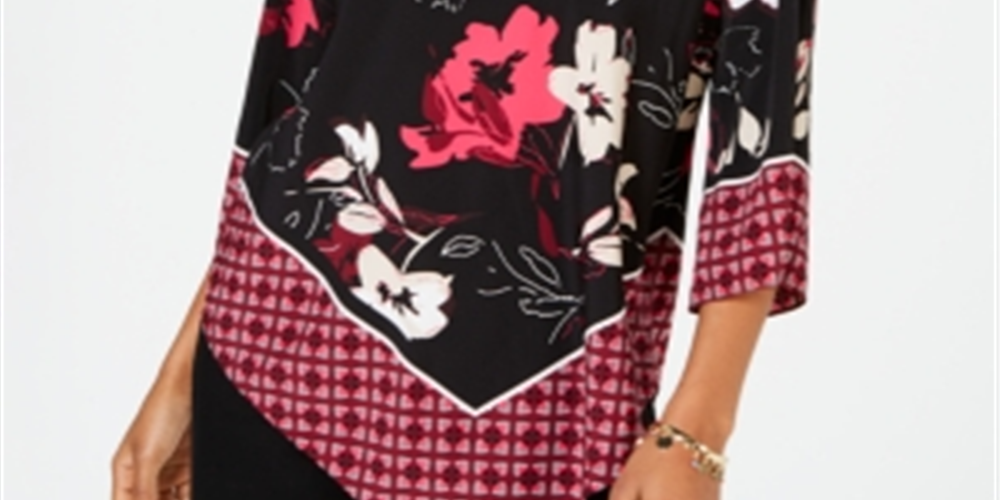 Blusa feminina Alfani com bainha em V e borda remendada, preta, tamanho pequeno G