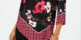 Blusa feminina Alfani com bainha em V e borda remendada, preta, tamanho pequeno G