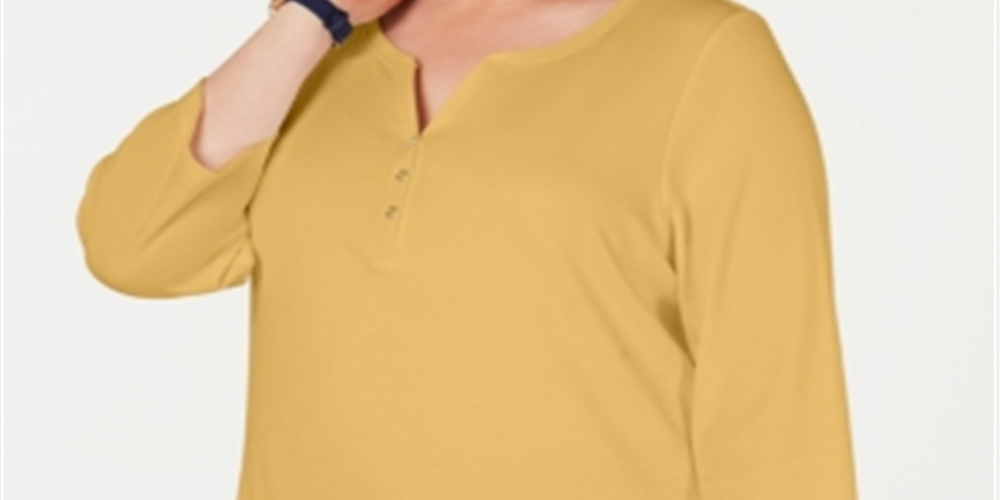 Karen Scott Blusa feminina de algodão com decote dividido, amarela, tamanho 0X