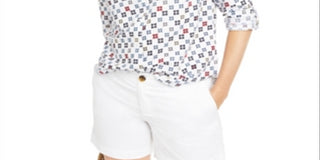 Blusa feminina Charter Club estampada com mangas dobradas e mistura de linho, branca, tamanho pequeno