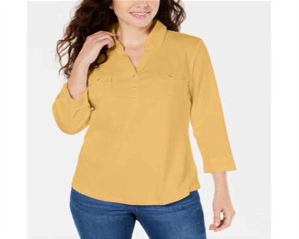 Camisa utilitária feminina Karen Scott Cotton Johnny Collar, amarela, tamanho XX-G