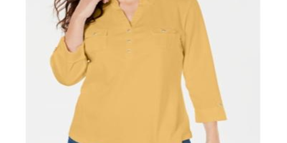 Camisa utilitária feminina Karen Scott Cotton Johnny Collar, amarela, tamanho XX-G