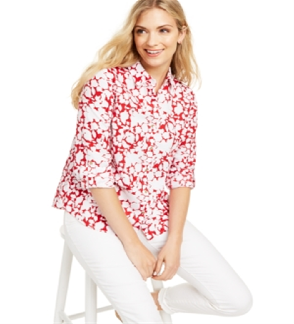 Blusa feminina Charter Club com estampa de mangas enroladas, vermelha, tamanho pequeno