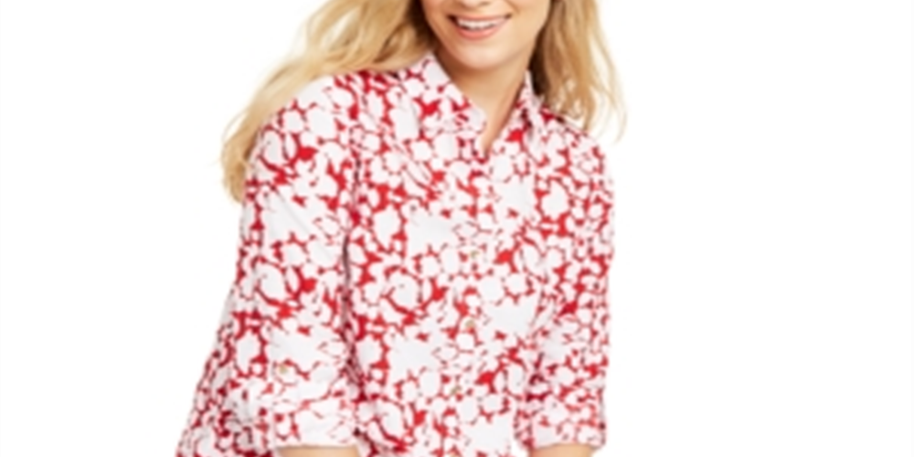 Blusa feminina Charter Club com estampa de mangas enroladas, vermelha, tamanho pequeno