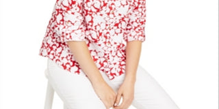 Blusa feminina Charter Club com estampa de mangas enroladas, vermelha, tamanho pequeno