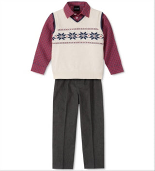 TFW Conjunto infantil masculino com 3 peças, camisa xadrez e calça, suéter branco, tamanho 4T