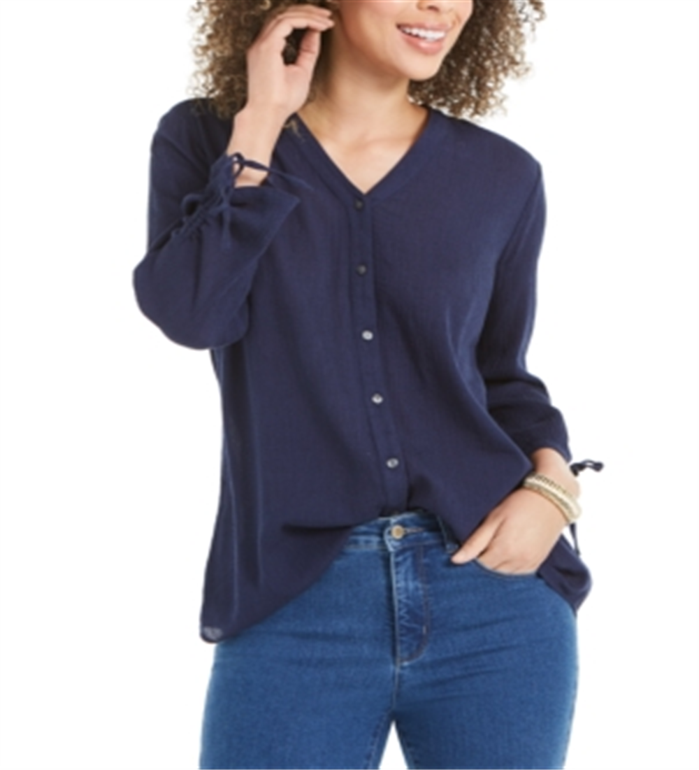 Blusa feminina Charter Club com mangas compridas e amarradas, azul, tamanho X-S