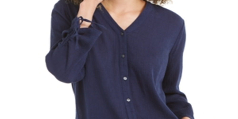 Blusa feminina Charter Club com mangas compridas e amarradas, azul, tamanho X-S
