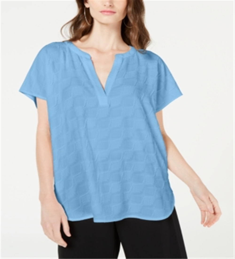 Blusa Alfani Feminina Texturizada com Decote em V e Fenda Azul Tamanho Médio