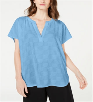 Blusa Alfani Feminina Texturizada com Decote em V e Fenda Azul Tamanho Médio