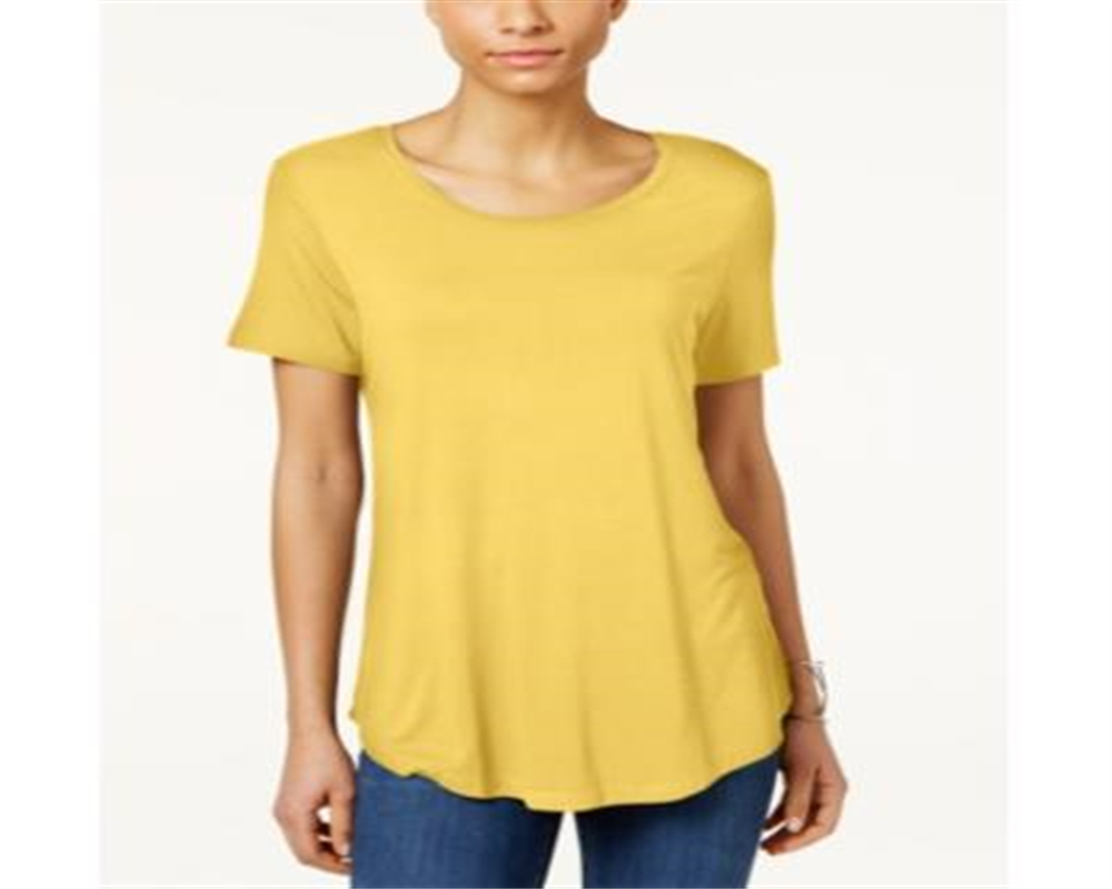 Blusa feminina com bainha curta e manga curta da coleção JM, amarela, tamanho pequeno G
