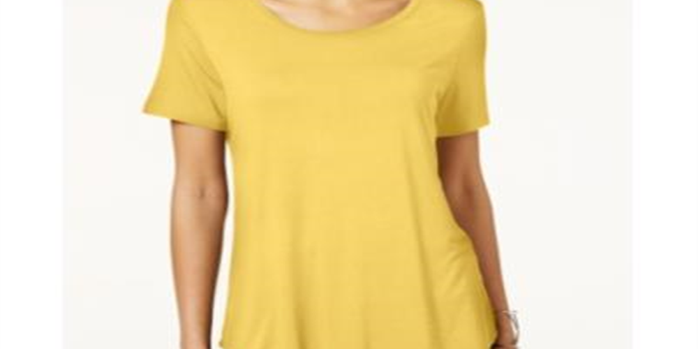 Blusa feminina com bainha curta e manga curta da coleção JM, amarela, tamanho pequeno G