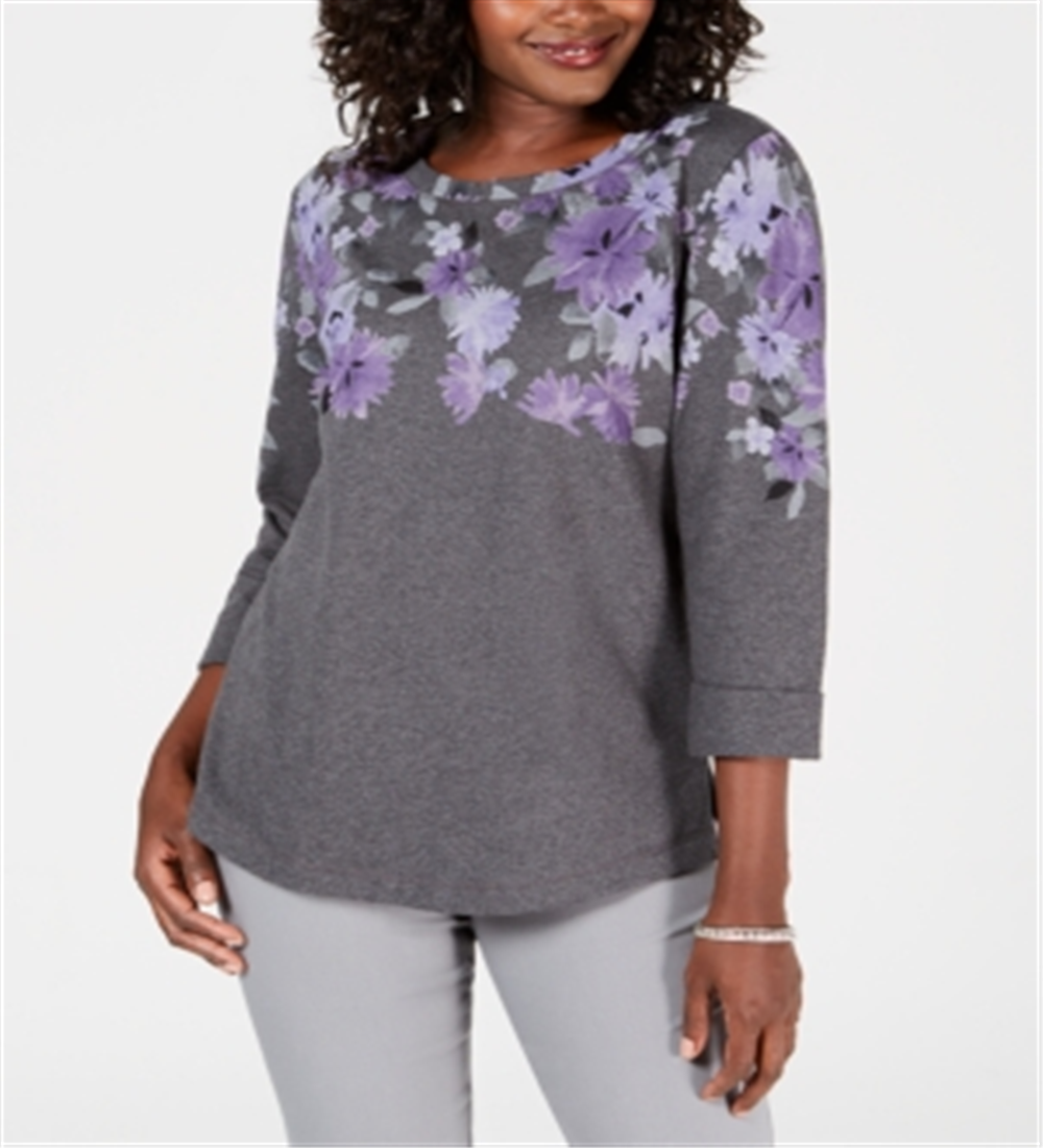 Karen Scott Moletom feminino estampado pequeno com manga 3/4 cinza tamanho pequeno P/M