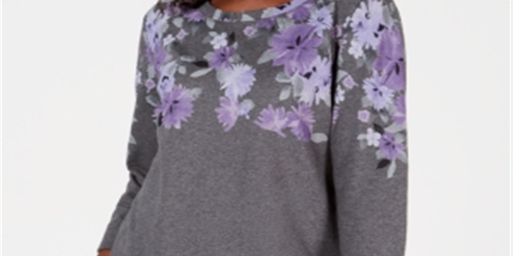 Karen Scott Moletom feminino estampado pequeno com manga 3/4 cinza tamanho pequeno P/M