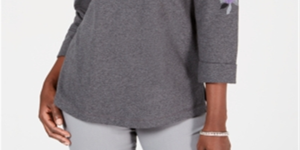 Karen Scott Moletom feminino estampado pequeno com manga 3/4 cinza tamanho pequeno P/M