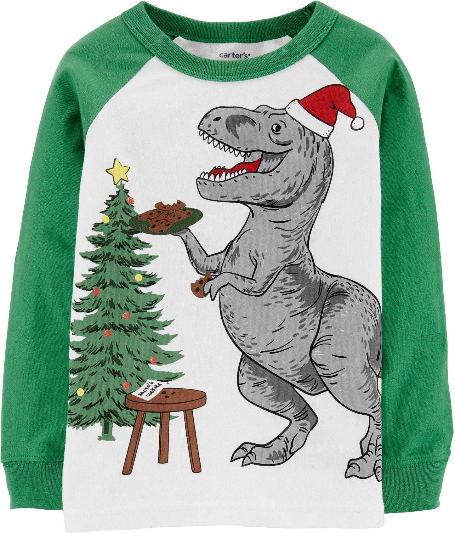 Camiseta de manga comprida Carter's Toddler Boy's Christmas T-Rex verde/branca, vários tamanhos 3T
