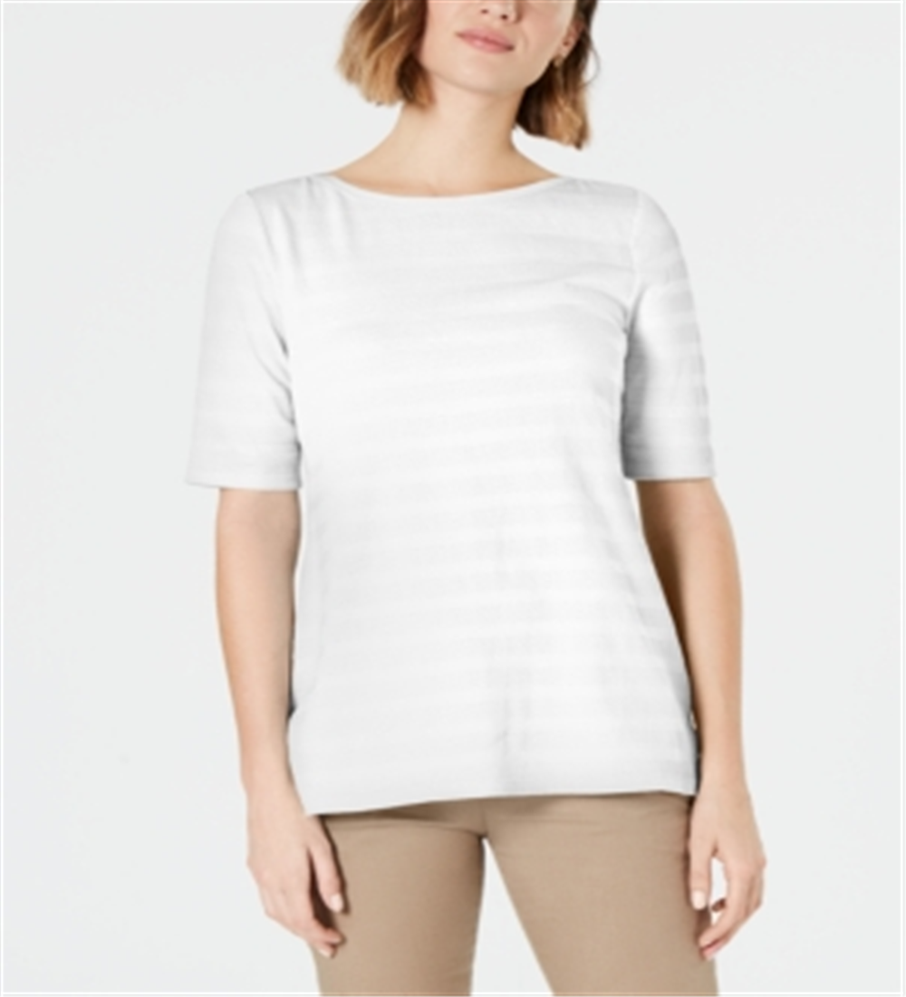 Charter Club Blusa feminina de algodão texturizado com listras e mangas curtas, tamanho grande, branca
