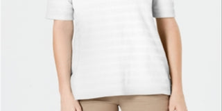 Charter Club Blusa feminina de algodão texturizado com listras e mangas curtas, tamanho grande, branca