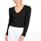 INC International Concepts Top canelado com ombros bufantes Petite, preto, tamanho Petite L