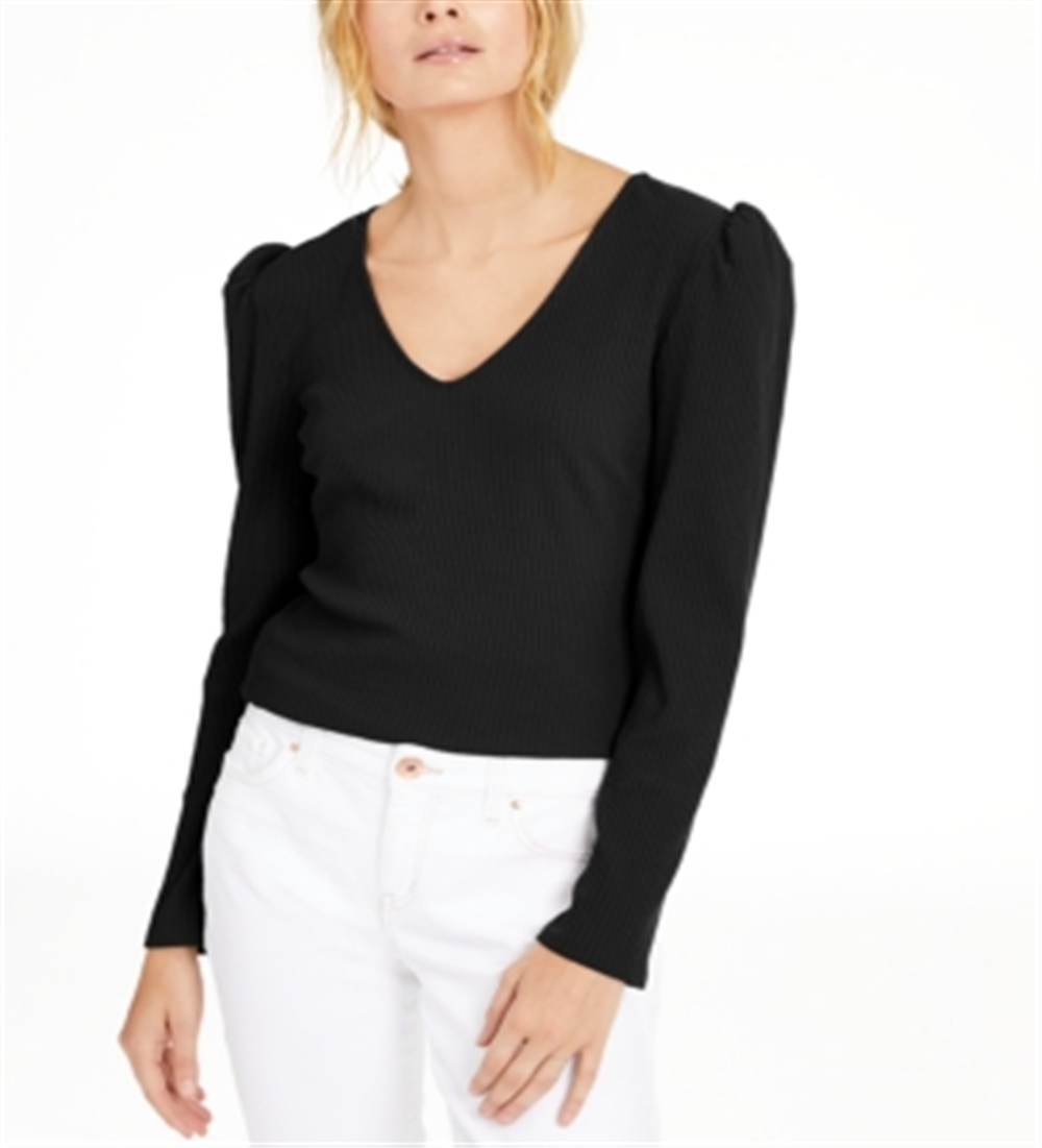INC International Concepts Top canelado com ombros bufantes Petite, preto, tamanho Petite L