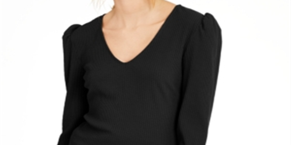 INC International Concepts Top canelado com ombros bufantes Petite, preto, tamanho Petite L