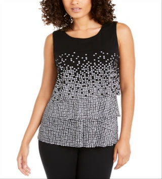 Blusa feminina Alfani com estampa de bolinhas em camadas, preta e com bolinhas, tamanho pequeno e médio