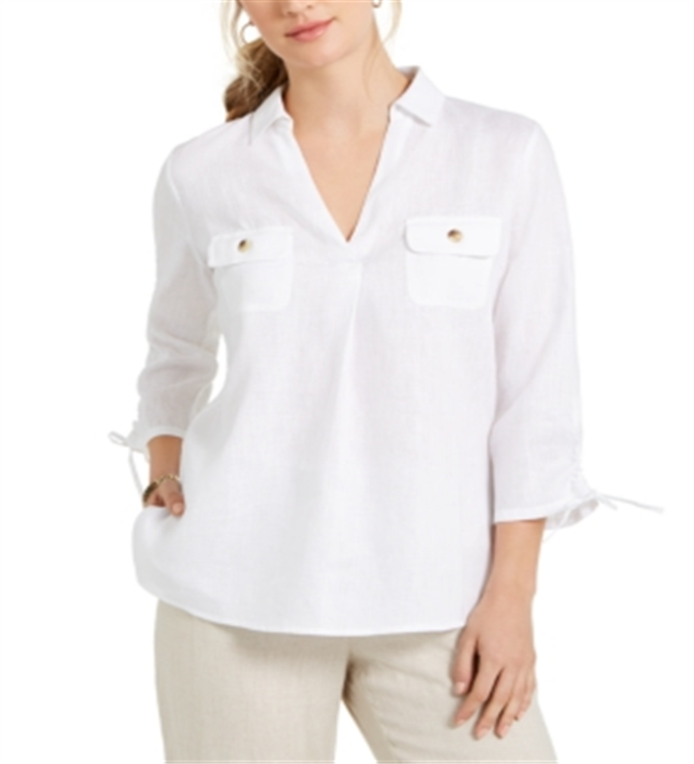 Charter Club Top feminino com cordão trançado e punhos amarrados, branco, tamanho grande