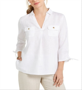 Charter Club Top feminino com cordão trançado e punhos amarrados, branco, tamanho grande