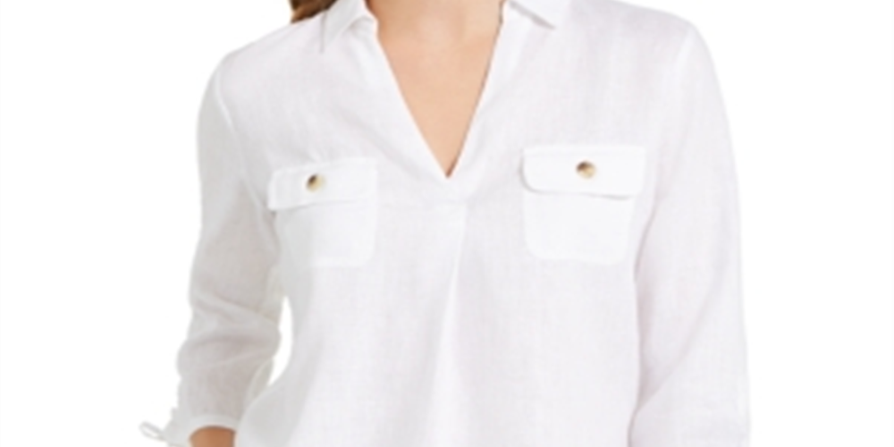 Charter Club Top feminino com cordão trançado e punhos amarrados, branco, tamanho grande