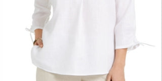 Charter Club Top feminino com cordão trançado e punhos amarrados, branco, tamanho grande