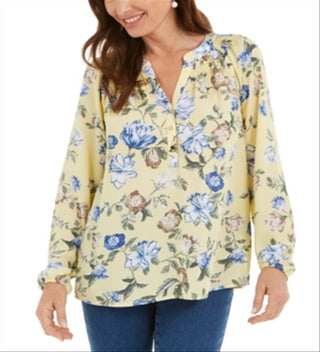 Blusa feminina com estampa floral em georgette, tamanho XX-G, amarela, Charter Club