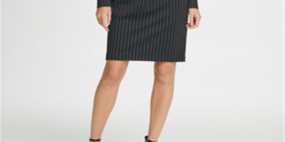 Vestido DKNY Feminino Listrado com Strass e Manga Longa, Decote em V Acima do Joelho, para Usar no Trabalho, Cinza, Tamanho 14