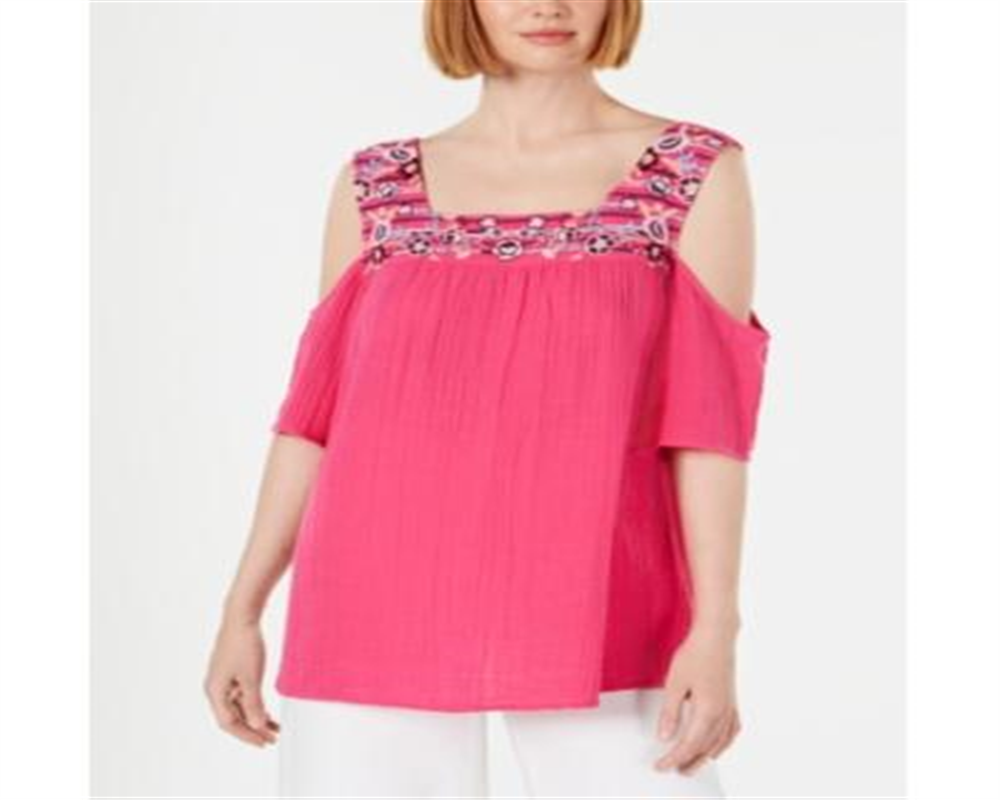 Blusa feminina de malha bordada com ombros descobertos, rosa, tamanho pequeno, estilo &amp; co
