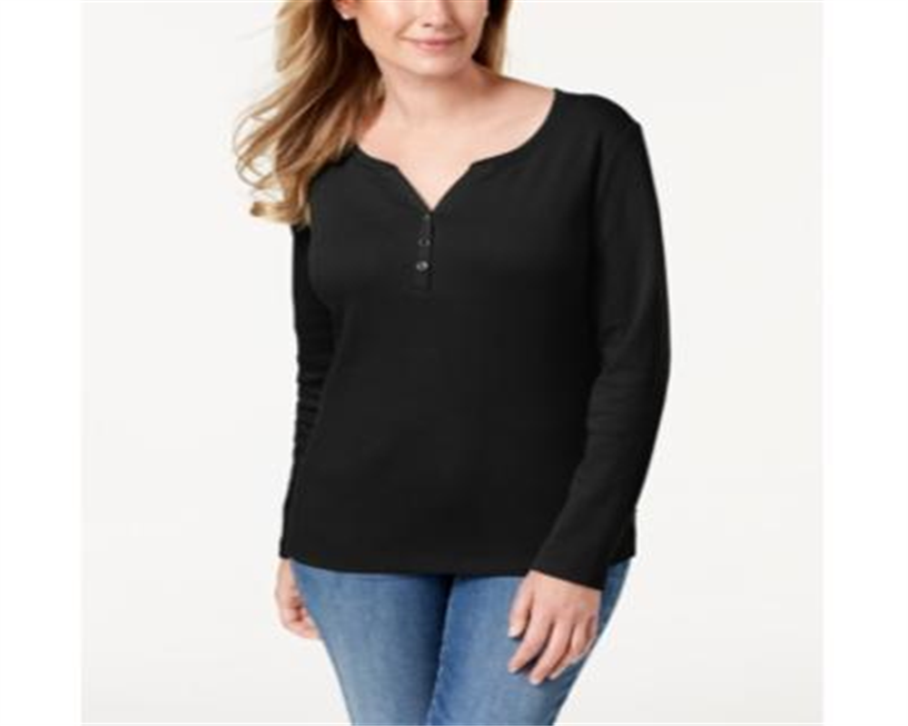 Karen Scott Top Henley Feminino de Algodão Preto Tamanho P
