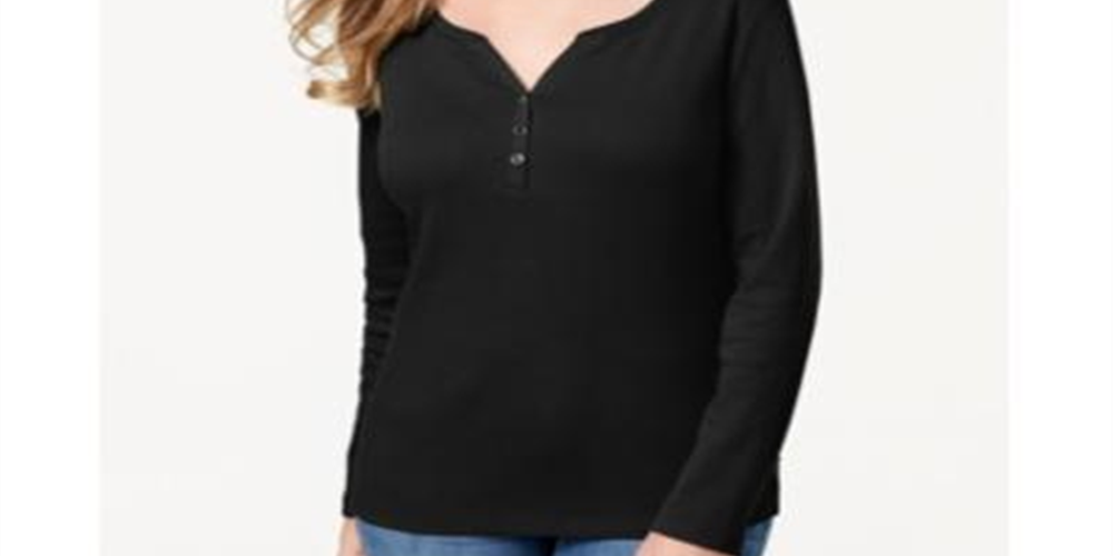 Karen Scott Top Henley Feminino de Algodão Preto Tamanho P