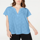 Blusa de noite feminina Alfani texturizada, manga curta, decote em V, azul, tamanho pequeno
