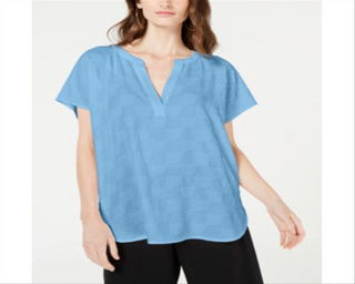 Blusa de noite feminina Alfani texturizada, manga curta, decote em V, azul, tamanho pequeno