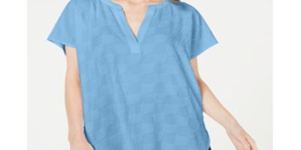 Blusa de noite feminina Alfani texturizada, manga curta, decote em V, azul, tamanho pequeno